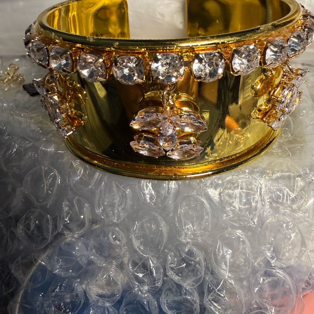 Gold Crystal Cuff Bracelet - Women's Statement Jewelry - Picture 2 of 3